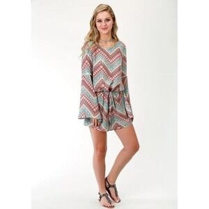 Roper Long Bell Sleeve Southwestern Aztech Chevrom Adjustable Waist Romper Sz M